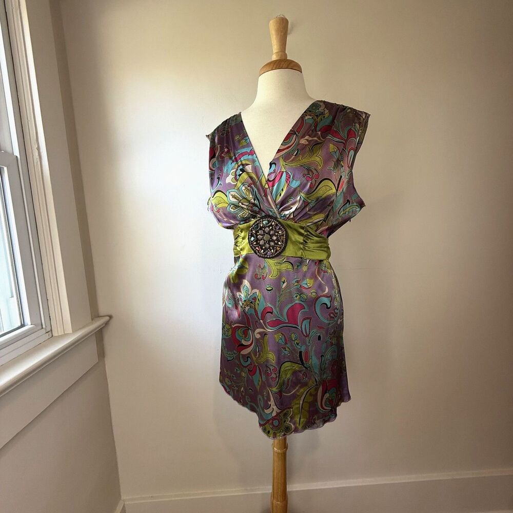 Swaui Boho Paisley Tie Back Mini Dress, Beaded Empire Waist - XL